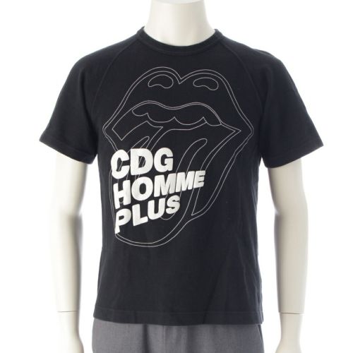 コムデギャルソンオムプリュス コットン リップ&タン ロゴ サーマル 半袖Ｔシャツ トップス AD2005 05AW ブラック ホワイト M