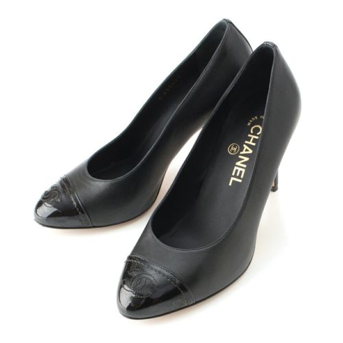 シャネル レザー×パテント ココマーク ヒール パンプス ブラック 37