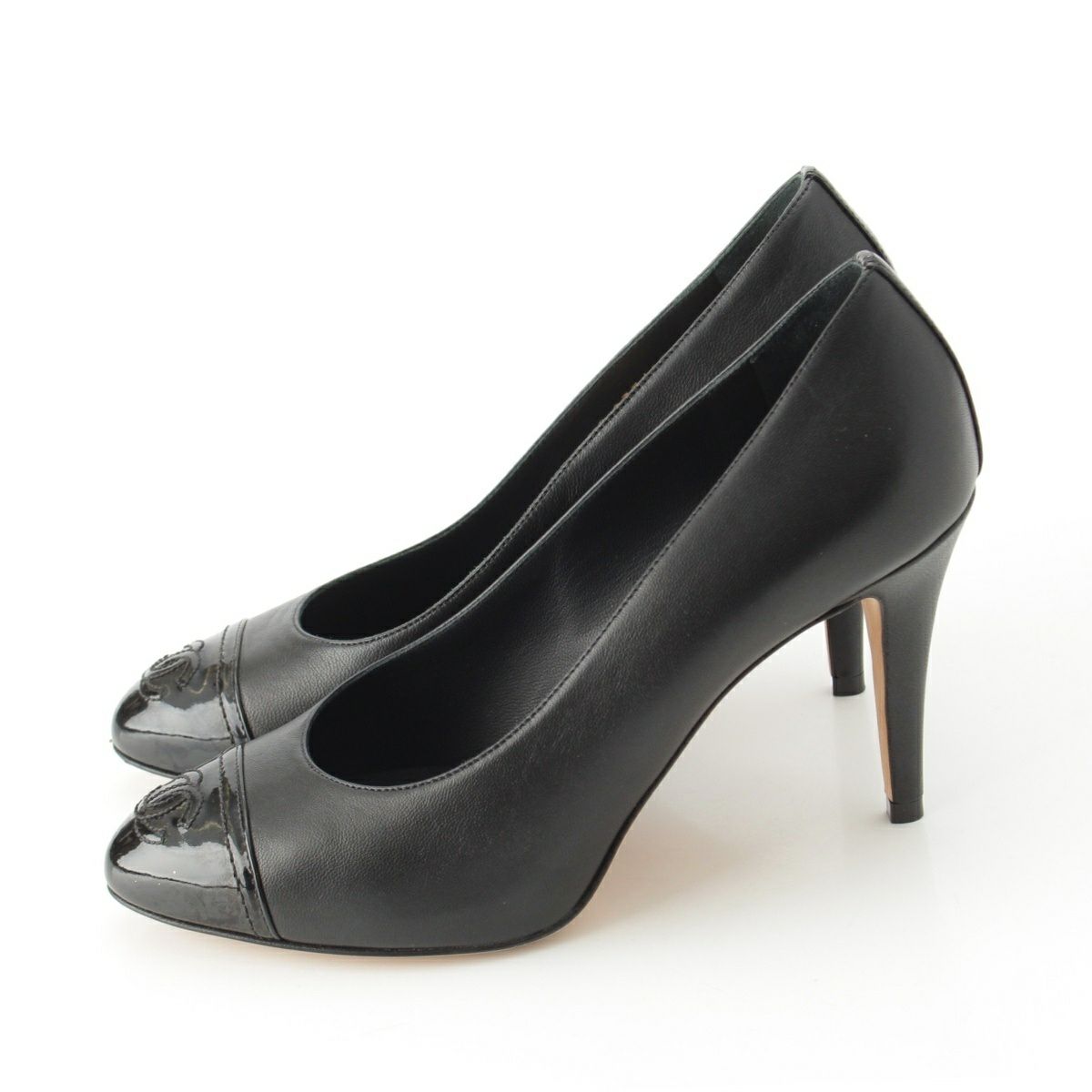 シャネル レザー×パテント ココマーク ヒール パンプス ブラック 37