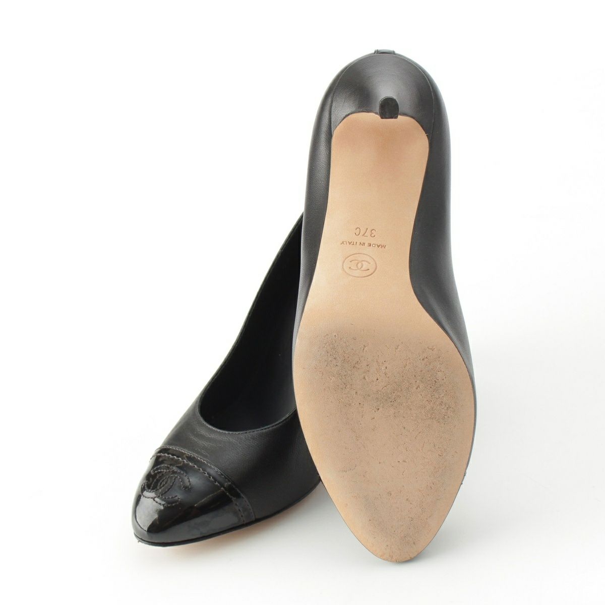 シャネル レザー×パテント ココマーク ヒール パンプス ブラック 37