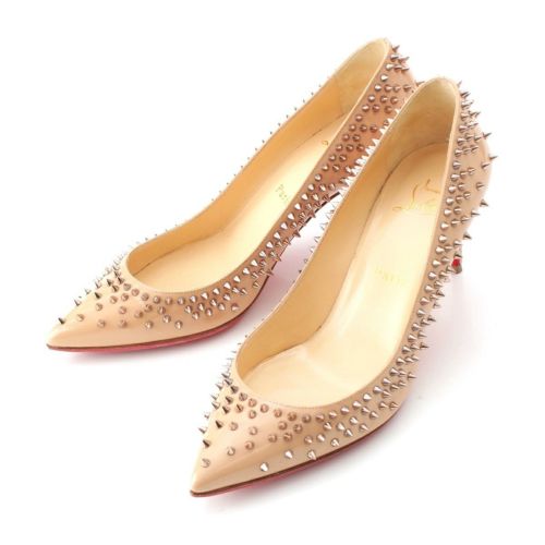 クリスチャンルブタン パテントレザー スタッズ ポインティッドトゥ パンプス シューズ ヒール ペールピンク 37