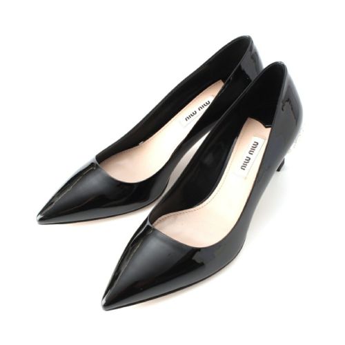 ミュウミュウ パテントレザー ビジュー ポインテッドトゥ ヒール パンプス ブラック 36 1/2