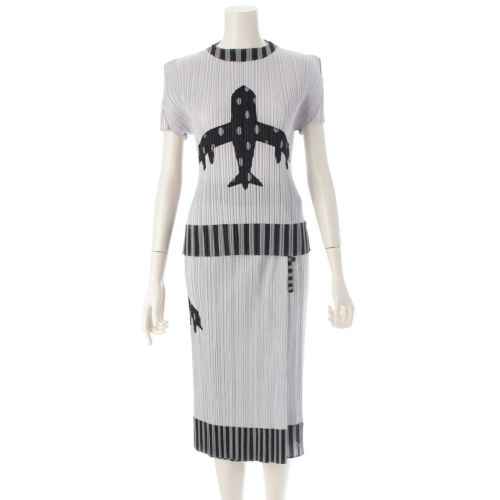 プリーツプリーズ イッセイミヤケ 2006 ポリエステル 飛行機 ストライプ 巻き スカートセットアップ 半袖トップス PP61-JK712/PP61-JG715 グレー 3/1