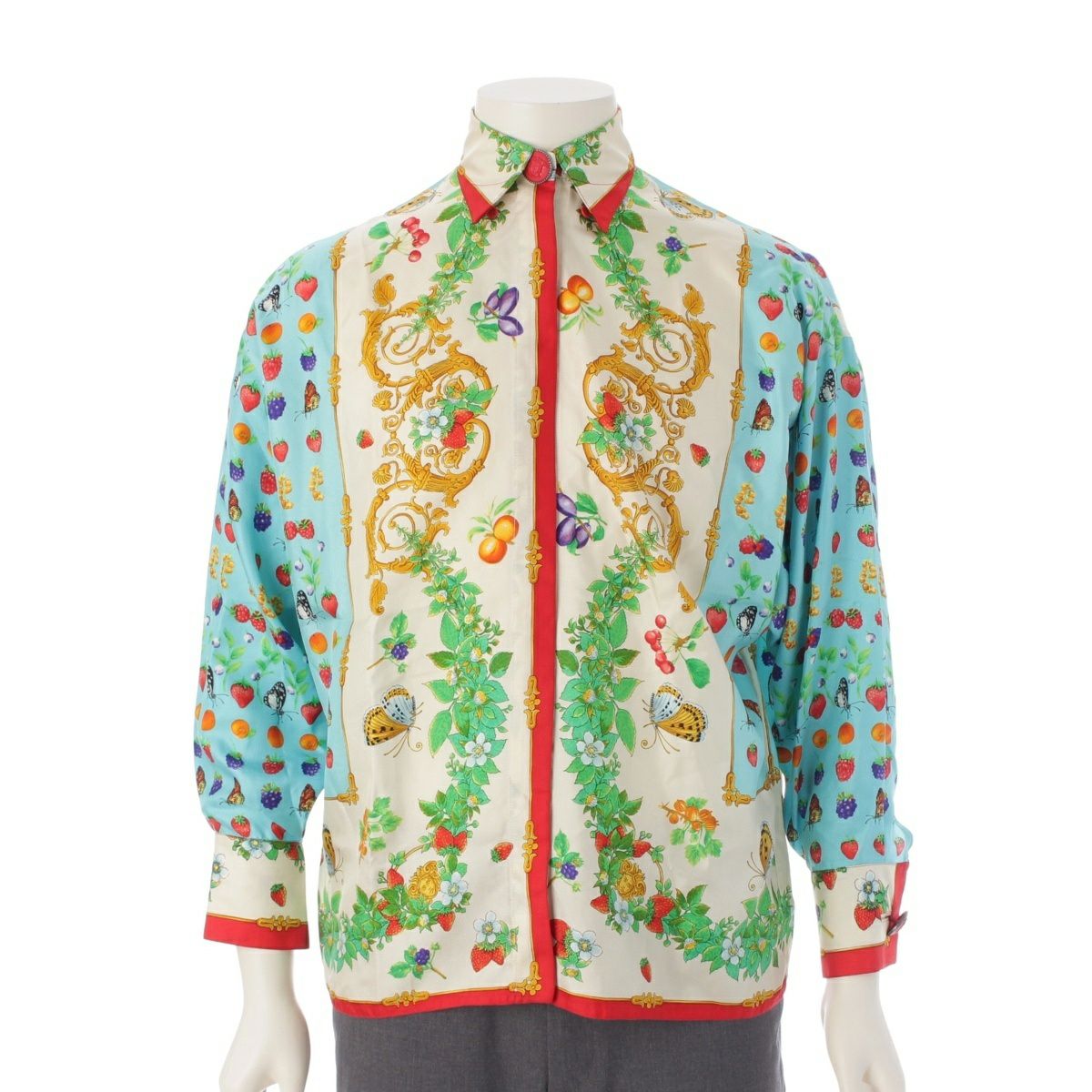 ジャンニ・ヴェルサーチェ 1995コレクション シルク バタフライ フルーツ 総柄 長袖シャツ トップス マルチカラー