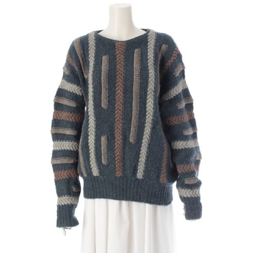 イッセイミヤケ 70s オールスタイル ウール×アクリル ケーブルニット デザイン セーター トップス ブルー系 ベージュ