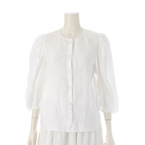 クロエ 23SS ラミー クルミボタン フリルスリーブ シアー 7分袖 ノーカラー ブラウス トップス CHC23SHT1401610136 ホワイト 36