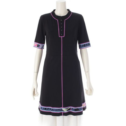 レオナール カンカン素材 ボタン ラウンドネック 五分丈 チュニック ワンピース ブラック×パープル系 38