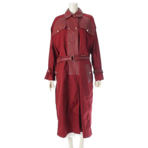 エルメス メドール レザー ナイロン 切替 ベルテッド ロング コート アウター ボルドー 34