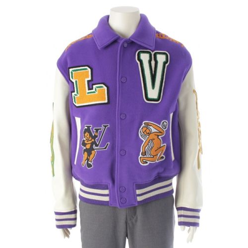 ルイヴィトン 22AW ウール レザー マルチパッチ ワッペン バーシティ スタジャン ジャケット アウター 1AAHH3 パープル ホワイト 50