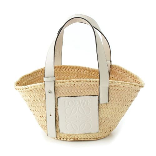 ロエベ バスケットスモール ラフィア×レザー ハンドバッグ かごバッグ ベージュ ホワイト