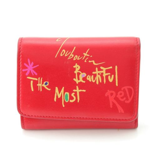 クリスチャンルブタン レザー グラフィック コンパクトウォレット 三つ折り財布 レッド