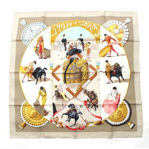 エルメス カレ90 シルク PLAZA DE TOROS 闘牛場 スカーフ グレー