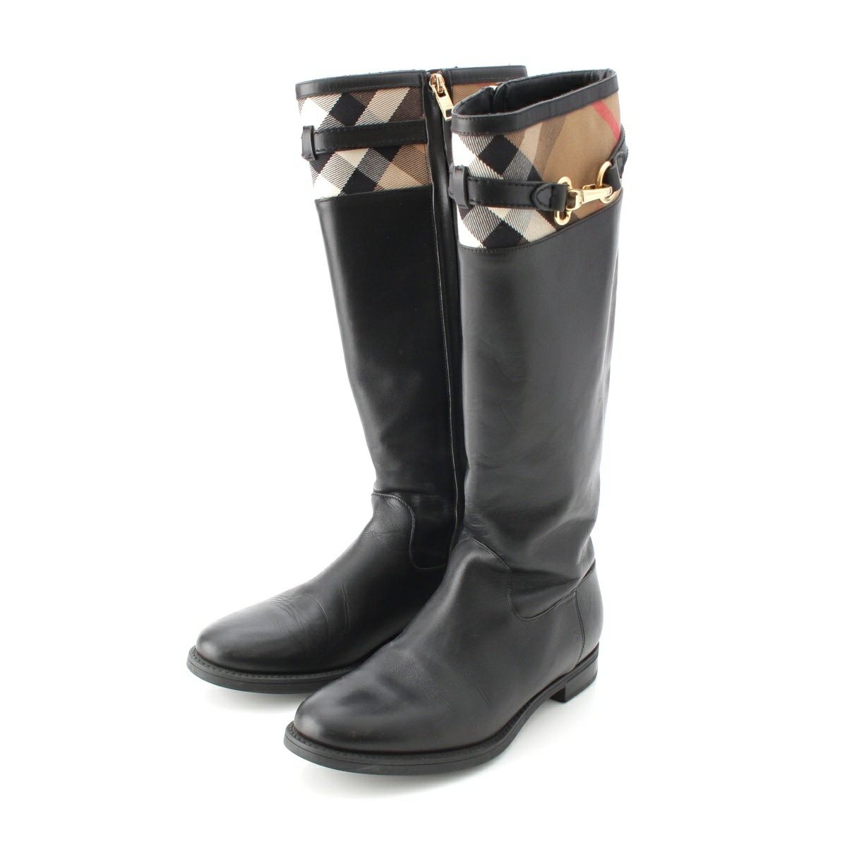 バーバリー レザー ノバチェック ロング ブーツ シューズ ブラック 36