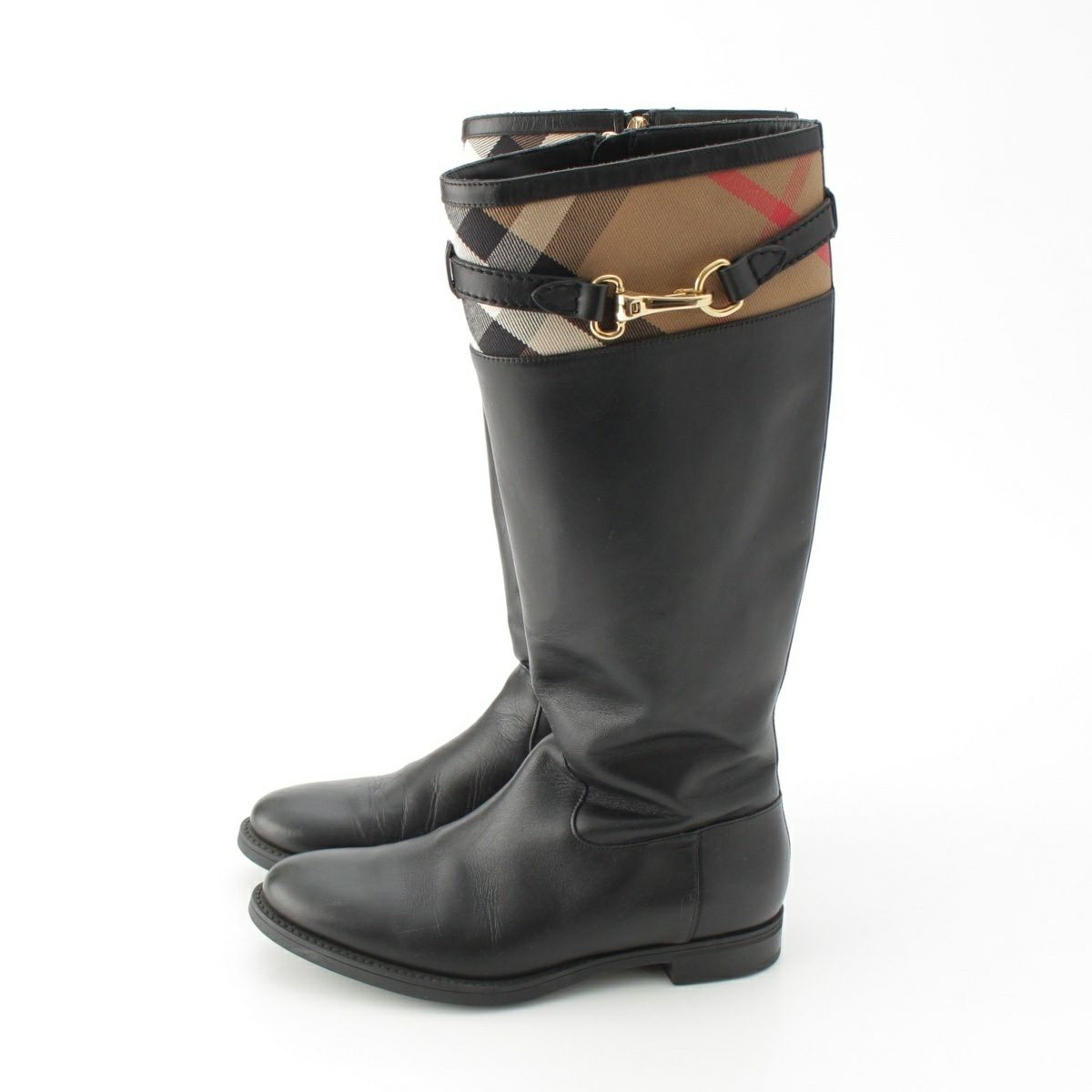 バーバリー レザー ノバチェック ロング ブーツ シューズ ブラック 36