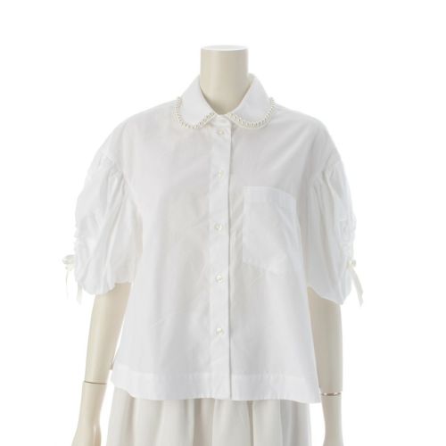 シモーネロシャ Simone Rpcha コットン パール リボン ギャザー 半袖 ブラウス シャツ トップス ホワイト UK6