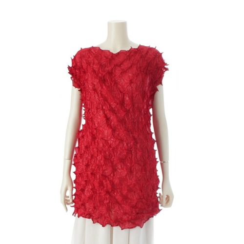 イッセイミヤケ 96AW ペルマネンテ シルク シワ加工 トゲトゲ ノースリーブ トップス レッド M