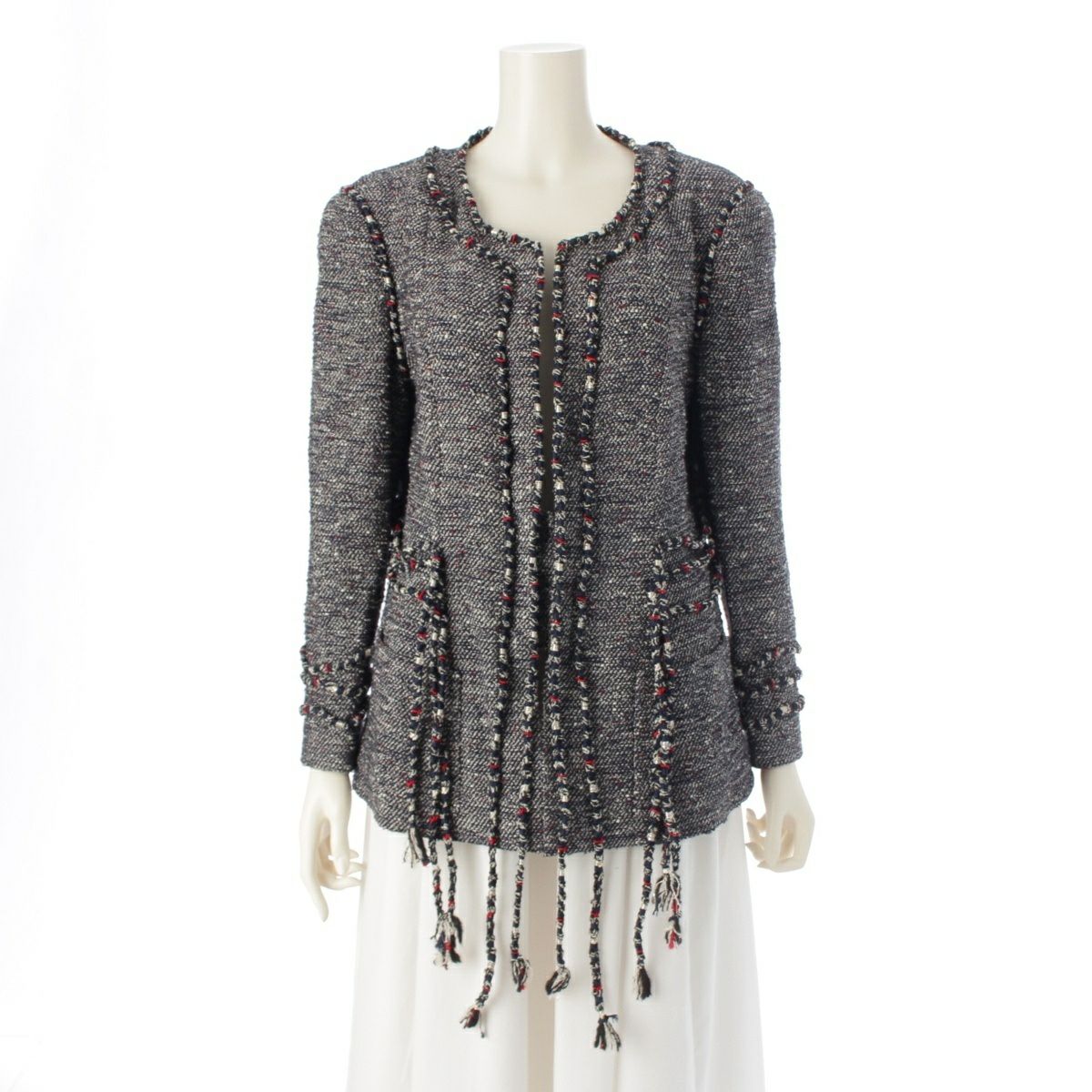 シャネル ナイロン コットン混 裏地総柄 ツイード ノーカラージャケット P37633V27256 ネイビー 48