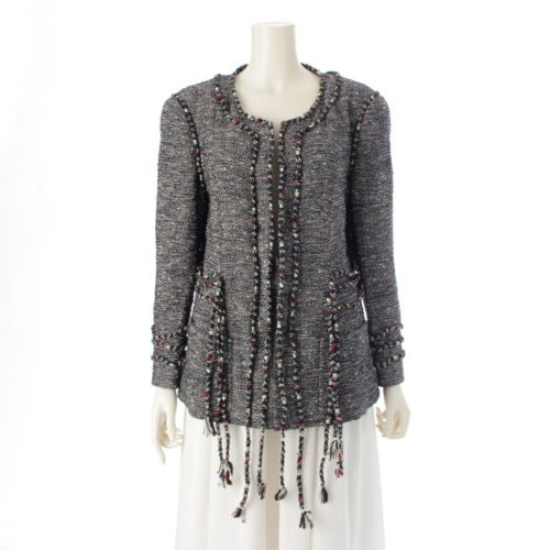 シャネル ナイロン コットン混 裏地総柄 ツイード ノーカラージャケット P37633V27256 ネイビー 48