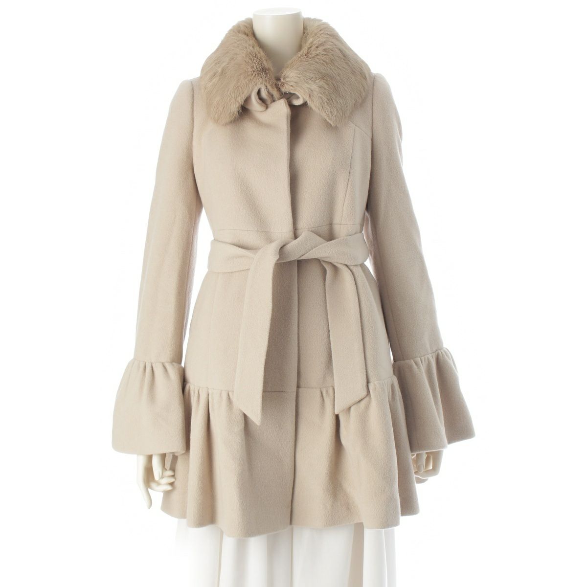 バーバリーブルーレーベル アンゴラ混ウール フレア ファー コート 付け替え襟 裏地チェック ベルト E1B12-266-40 ベージュ 38