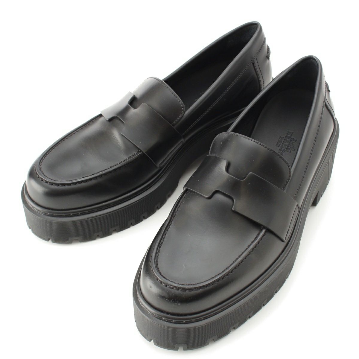 エルメス レザー ヒッチ HITCH プラットフォーム モカシン ローファー シューズ ブラック 36