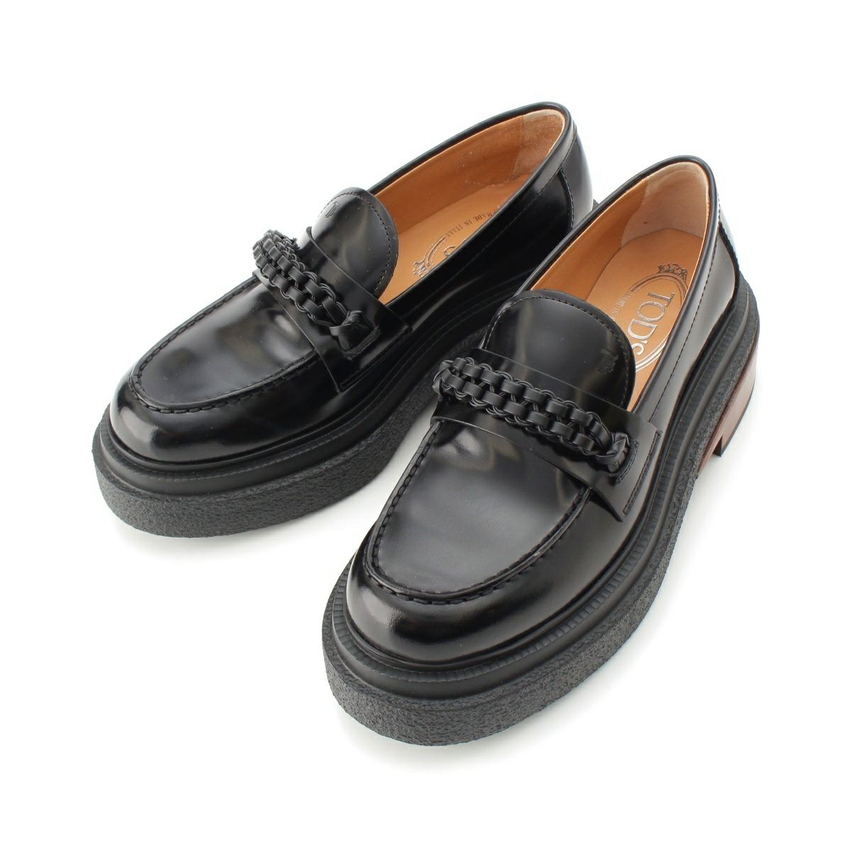 トッズ レザー ウッド 編込み ラバーソール ローファー シューズ