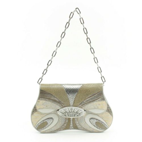 スワロフスキー(Swarovski) レザー クラッチバッグ パーティバッグ シルバー×ベージュ