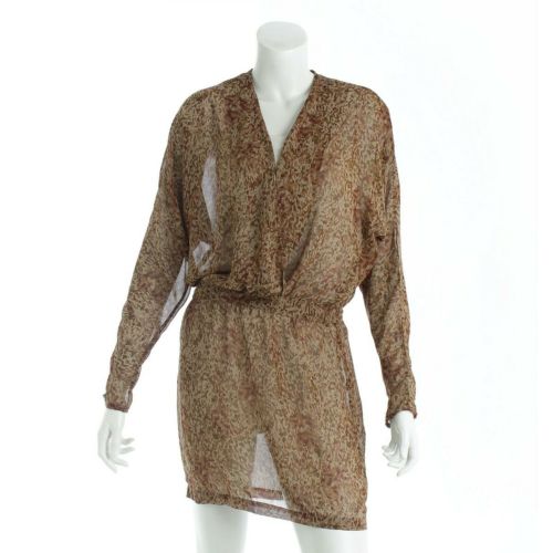 ソロプラス SOLO/PLUS 総柄 シフォン カシュクール 長袖 ワンピース ブラウン 38