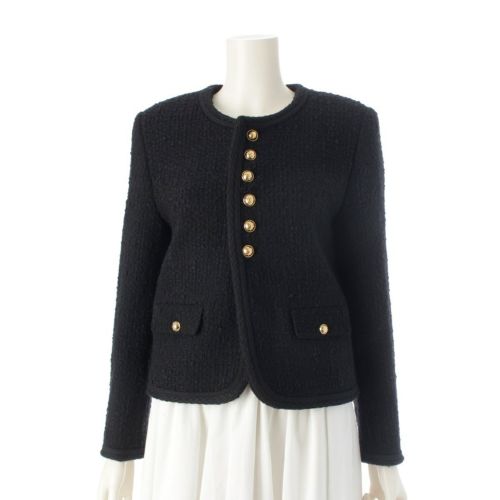 セリーヌ 24AW ウール ツイード 金ボタン ロゴ ノーカラージャケット 2V54Q764L.38NO ブラック 36