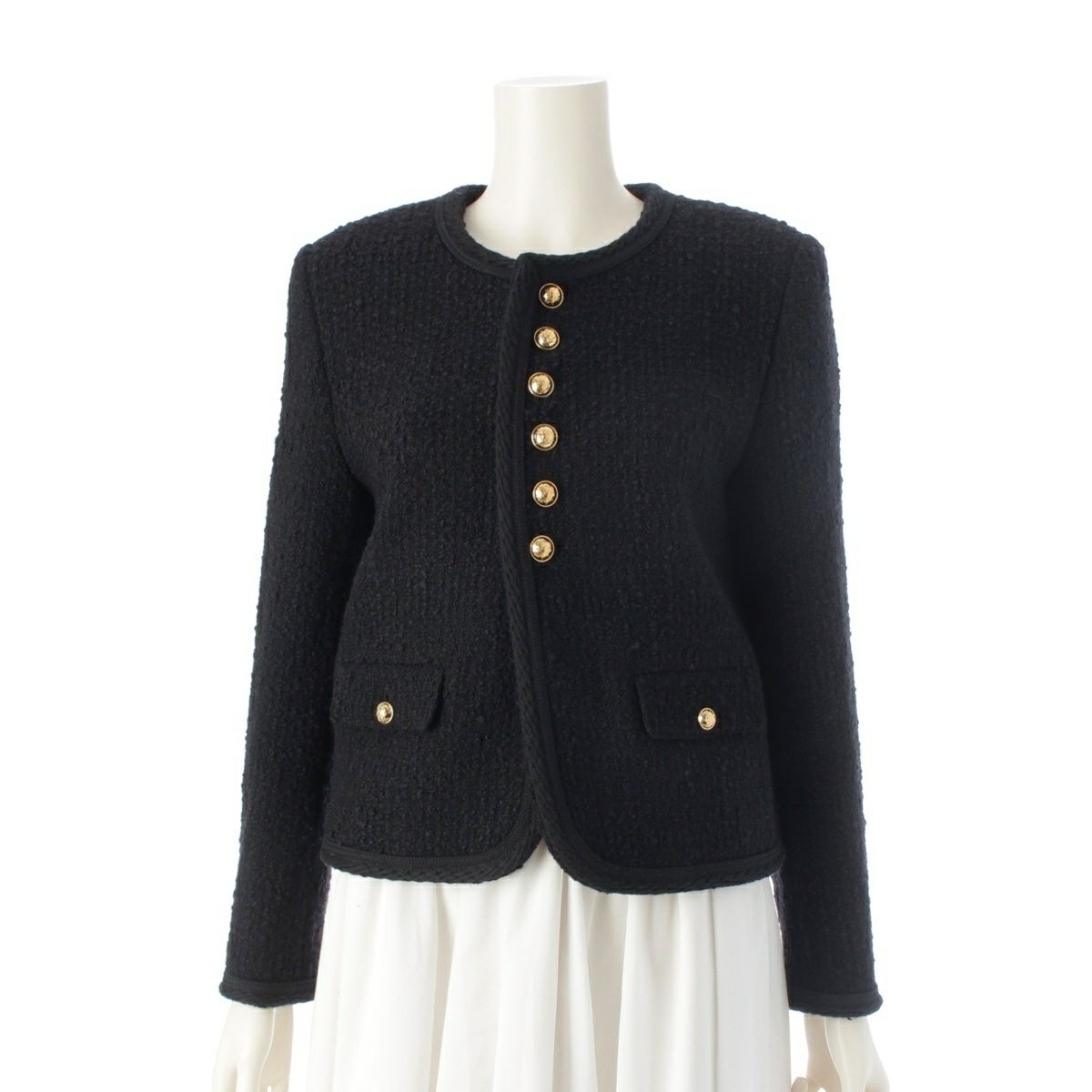 セリーヌ 24AW ウール ツイード 金ボタン ロゴ ノーカラージャケット