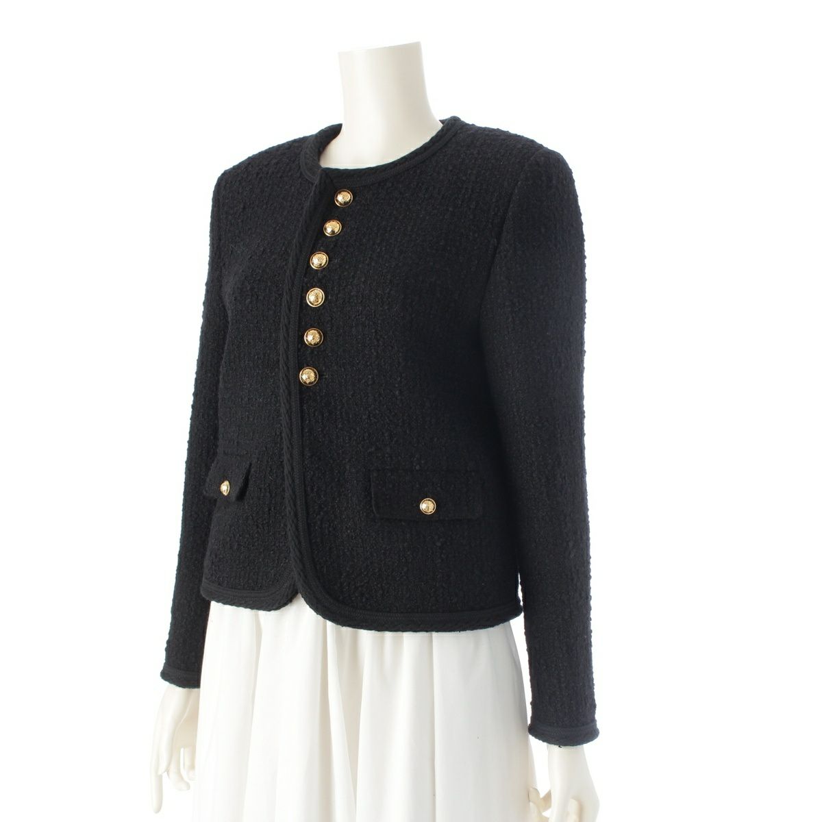 セリーヌ 24AW ウール ツイード 金ボタン ロゴ ノーカラージャケット