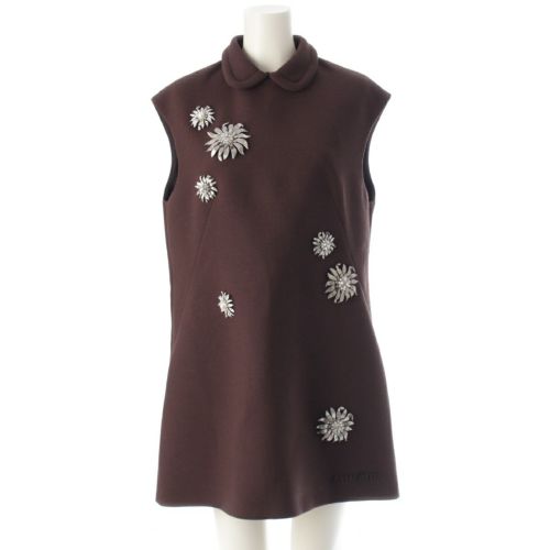 ミュウミュウ 24年 コレクションライン バージンウール ショート ナテドレス メタルフラワー ビジュー ミニドレス ワンピース MF5575 ブラウン 40