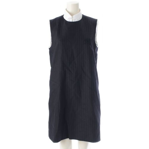 ミュウミュウ 24AW ノースリーブ カットオフ加工 ロゴ ストライプ ワンピース ピンストライプドレス ネイビー グレー 40