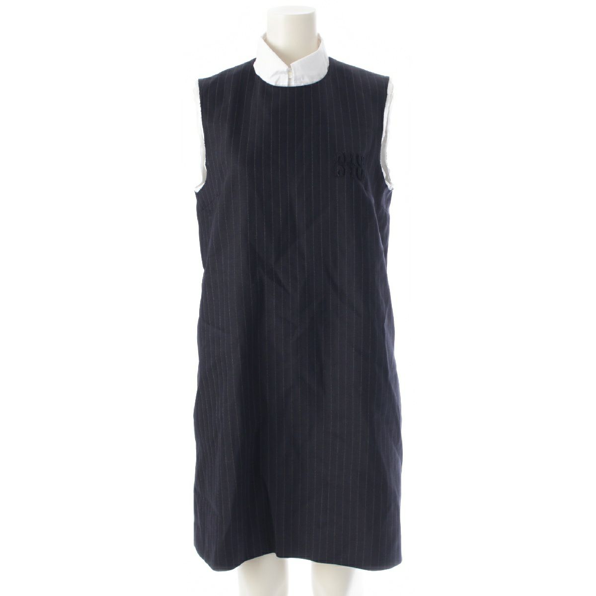 ミュウミュウ 24AW ノースリーブ カットオフ加工 ロゴ ストライプ ワンピース ピンストライプドレス ネイビー グレー 40