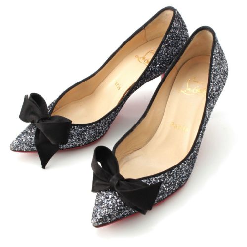 クリスチャンルブタン グリッター リボン ヒール パンプス ブラック シルバー 34 1/2