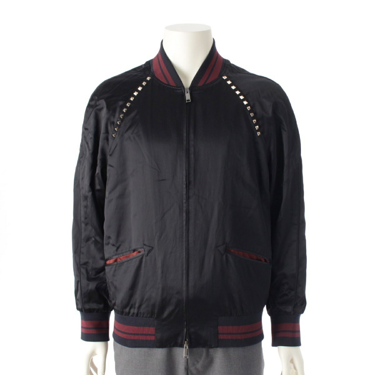 ヴァレンティノ コットン サテン ロックスタッズ ジップアップ ブルゾン ジャケット アウター ブラック I44