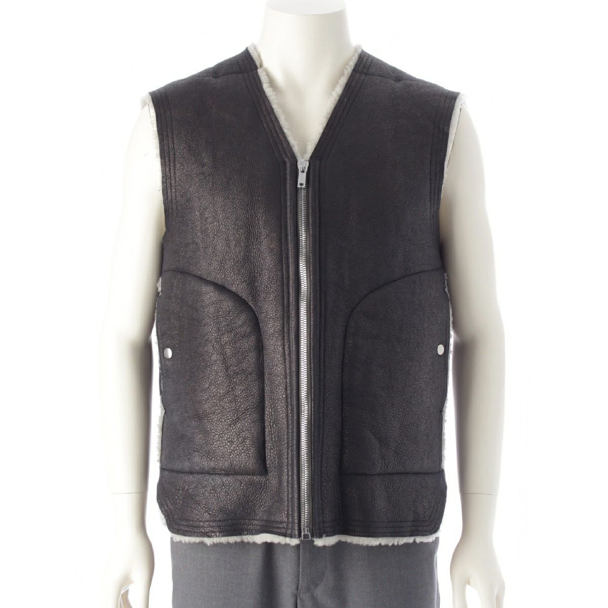リックオウエンス 22AW ラムスキン シアリング ジップ ベスト RU02B2740 ブラック 48