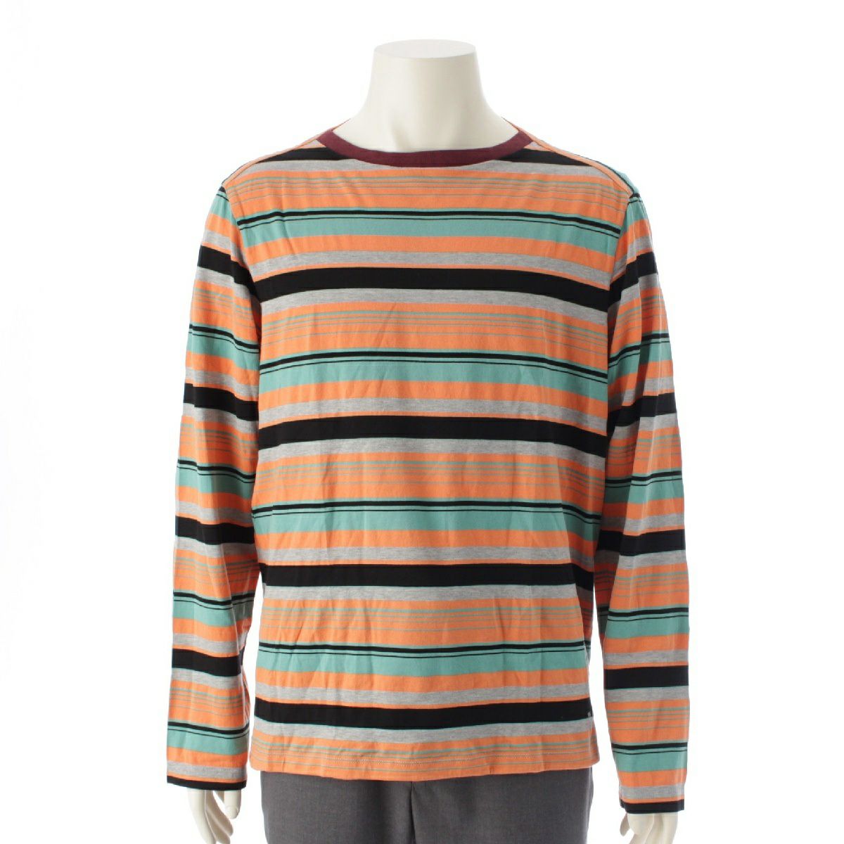 マルニ 19AW コットン ボーダー切替 ロゴ刺繍 クルーネック 長袖Ｔシャツ トップス カットソー マルチカラー オレンジ系 50