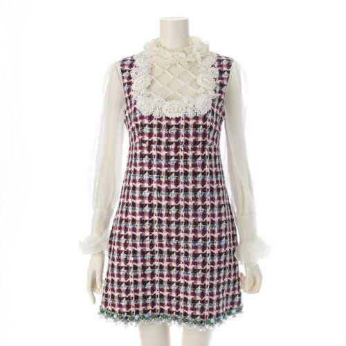 ヴァレンティノ 24年 エンブイダリー フリル ビジュー付き ツイード ミニ ワンピース ドレス フリルネック ロングスリーブ 6B3VANL5973 マルチカラー 38