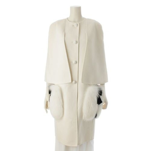 フェンディ ウール フォックスファー ノーカラー コート アウター FF8522 W1D ホワイト ブラック 40