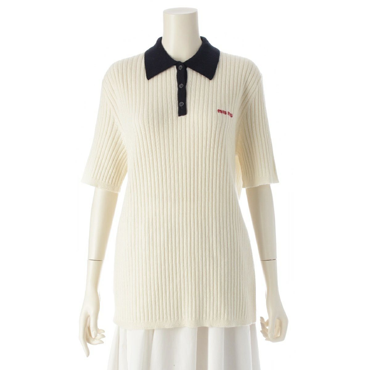 ミュウミュウ 24-25AW カシミヤ ロゴ ニット 半袖 ポロシャツ トップス