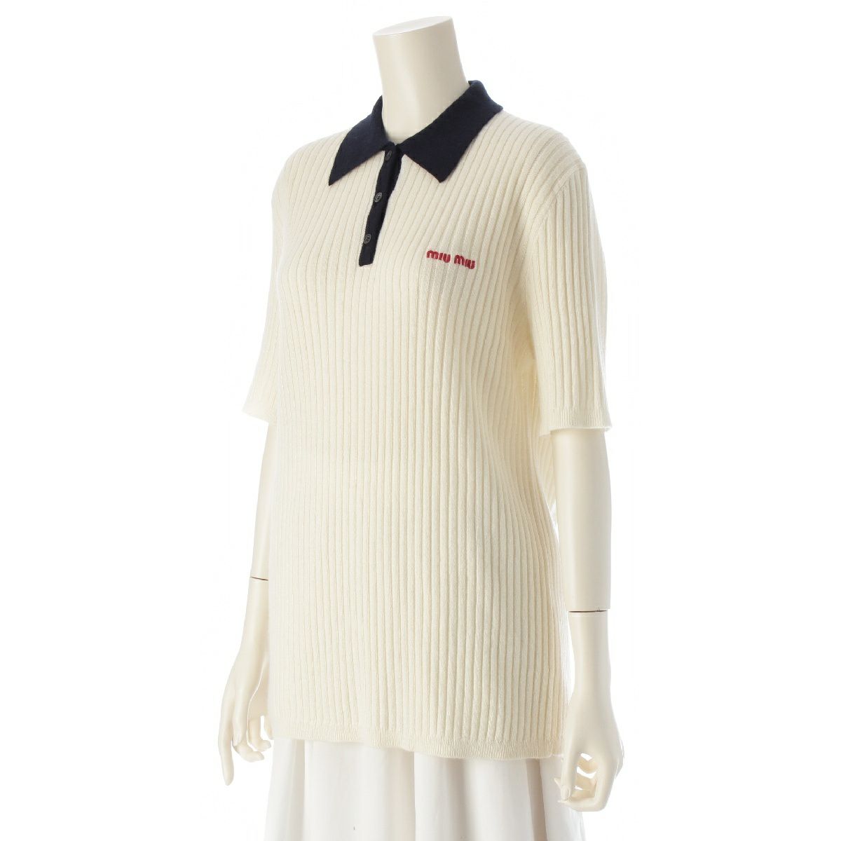 ミュウミュウ 24-25AW カシミヤ ロゴ ニット 半袖 ポロシャツ トップス