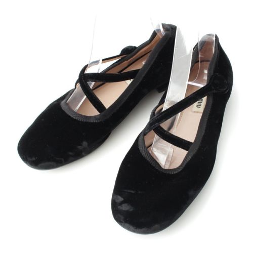 ミュウミュウ ベロア ストラップ バレリーナ フラット バレエシューズ ブラック 35 1/2