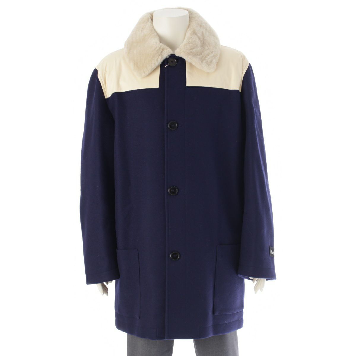 マルニ 22AW ウール カシミヤ 襟ファー カーコート アウター TUMU0106N1 ネイビー オフホワイト 48