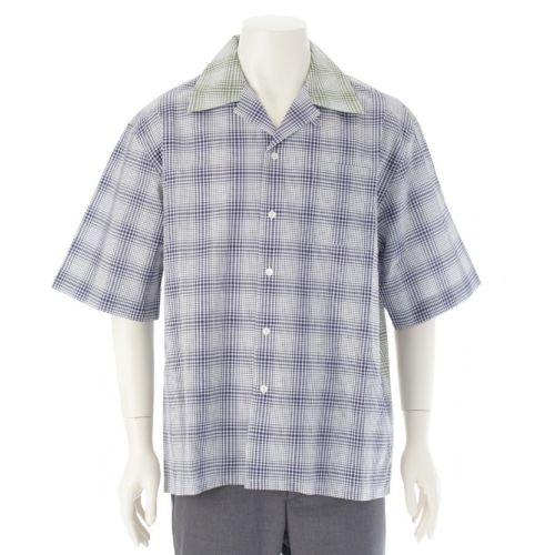 マルニ 23AW コットン クレイジーパターン チェック総柄 半袖シャツ オープンカラー トップス ネイビー×グリーン×ホワイト 48
