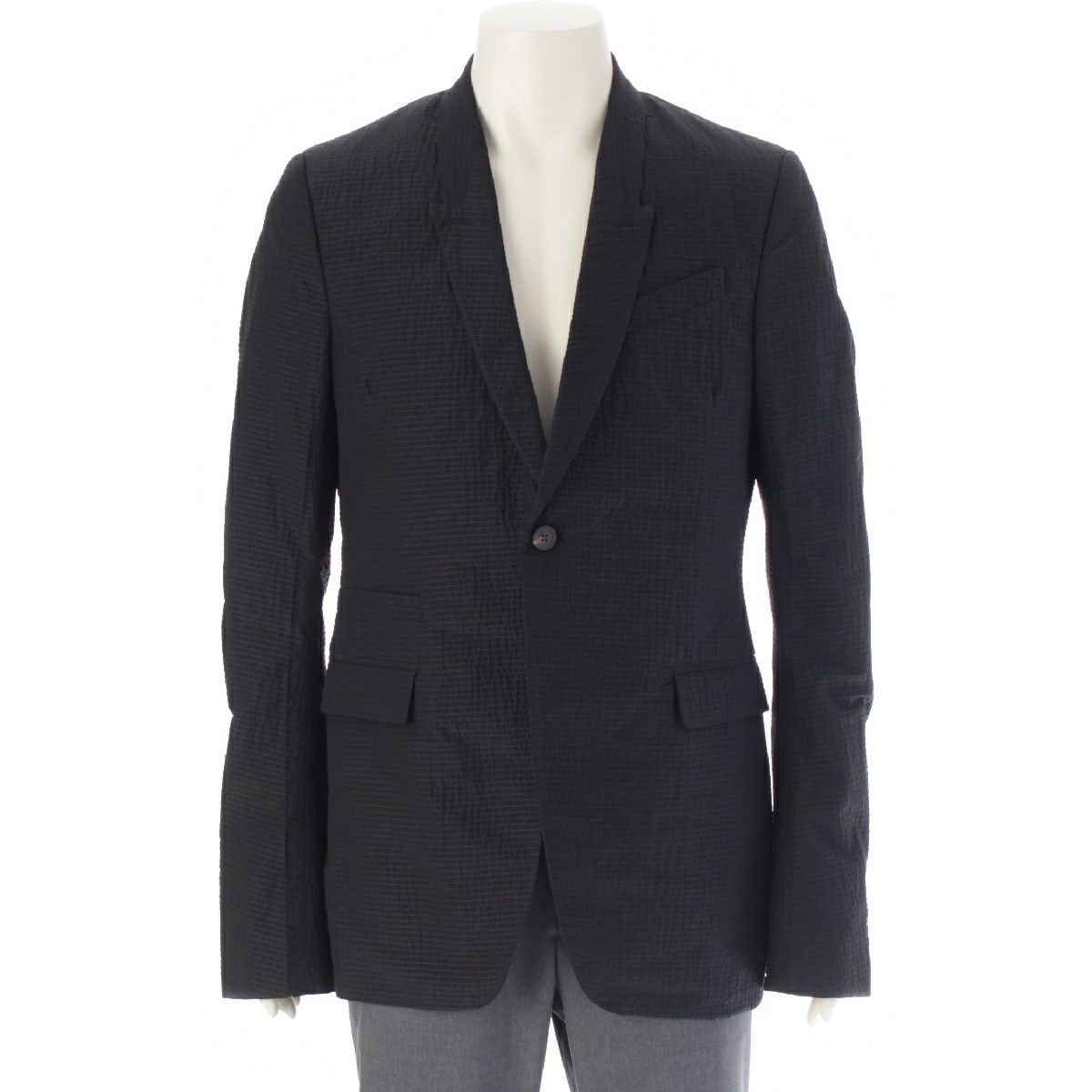 リックオウエンス 19SS ウール ナイロン シアサッカー ボーダー 1B テーラードジャケット ショルダーパッド アウター RU19S2724-WKR ブラック 50