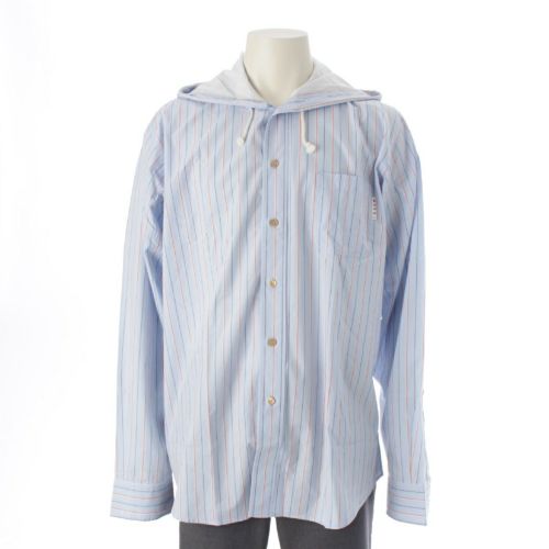 マルニ 23SS コットン フーデッド ストライプ 長袖シャツ ジャケット トップス ブルゾン CUMU0195A4 ライトブルー レッド 48