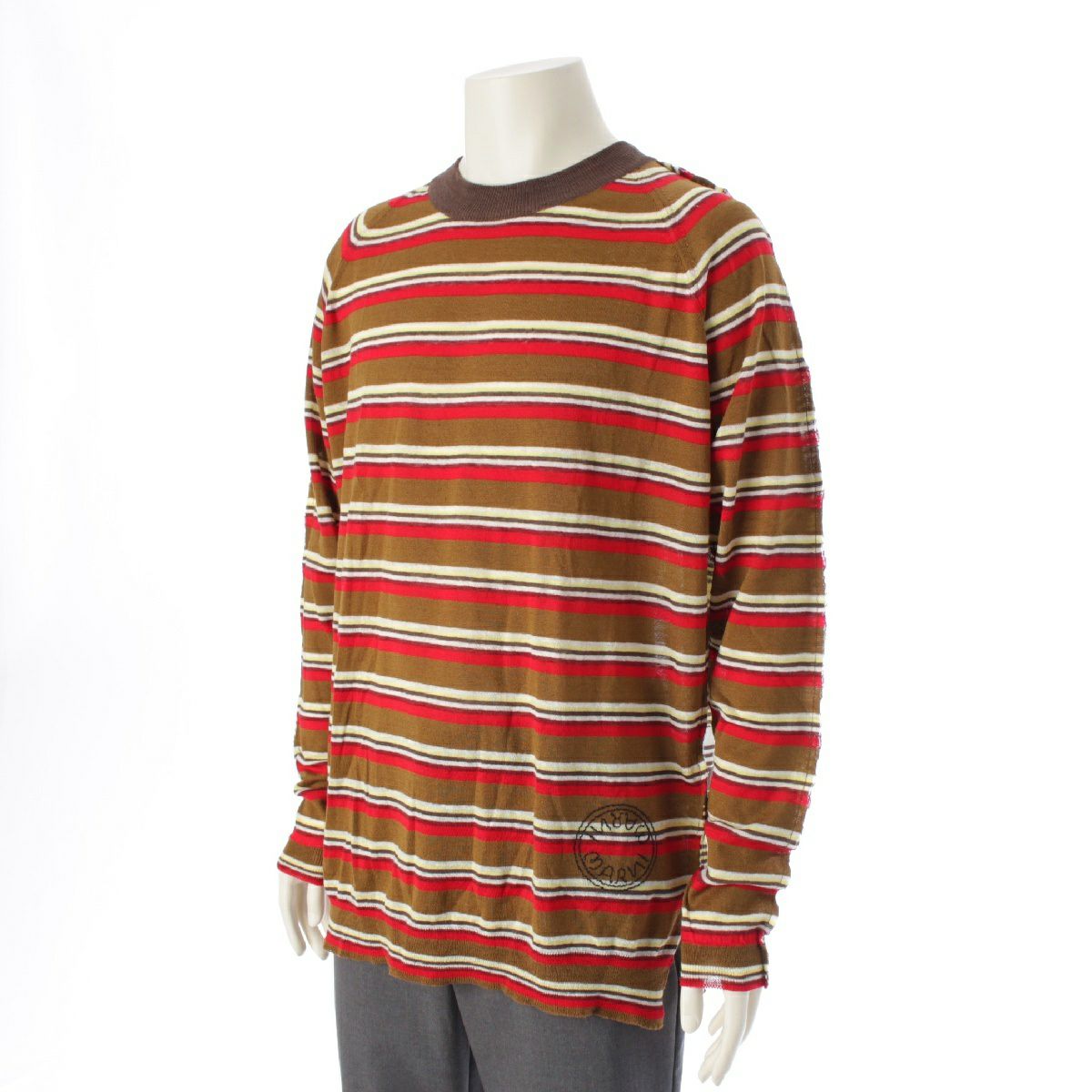 マルニ コットン リネン ロゴ刺繍 ボーダー切替 ニット 長袖Tシャツ