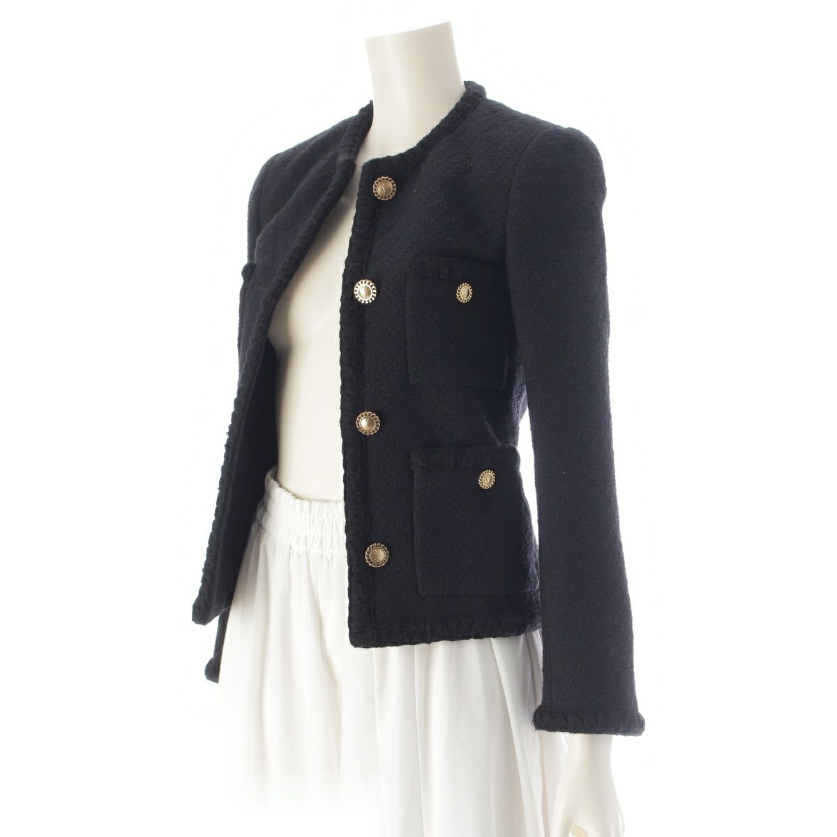 サンローラン 22年 ウール YSL 金ボタン ツイード ノーカラー