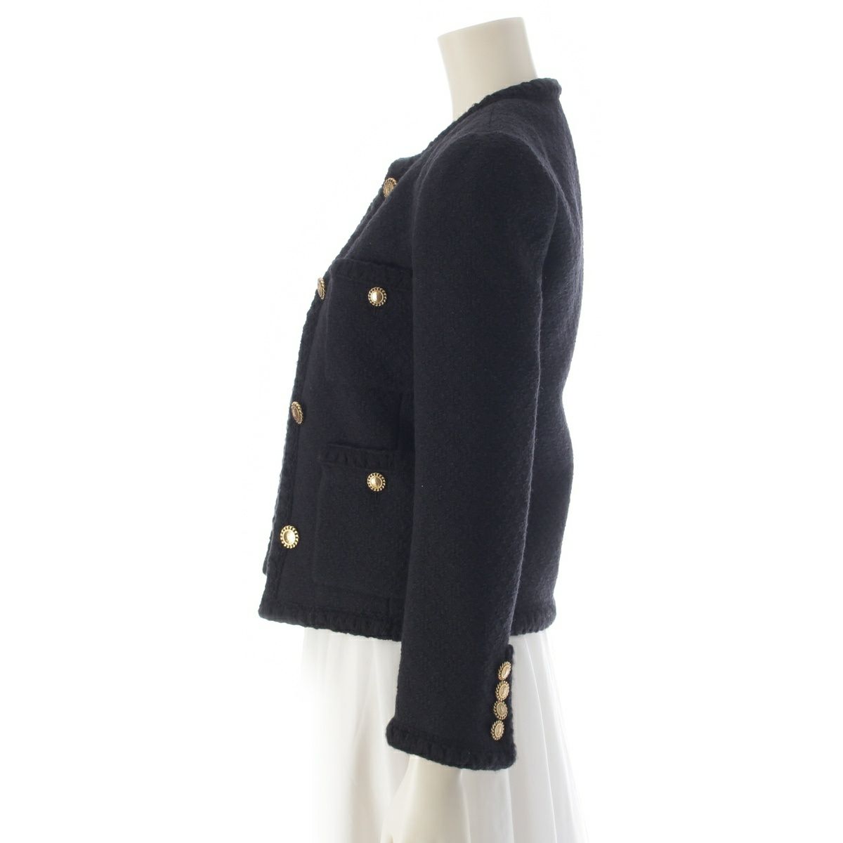 サンローラン 22年 ウール YSL 金ボタン ツイード ノーカラー