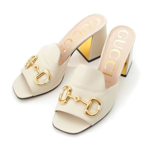 グッチ ホースビット ヒール ミュール サンダル シューズ ホワイト 38